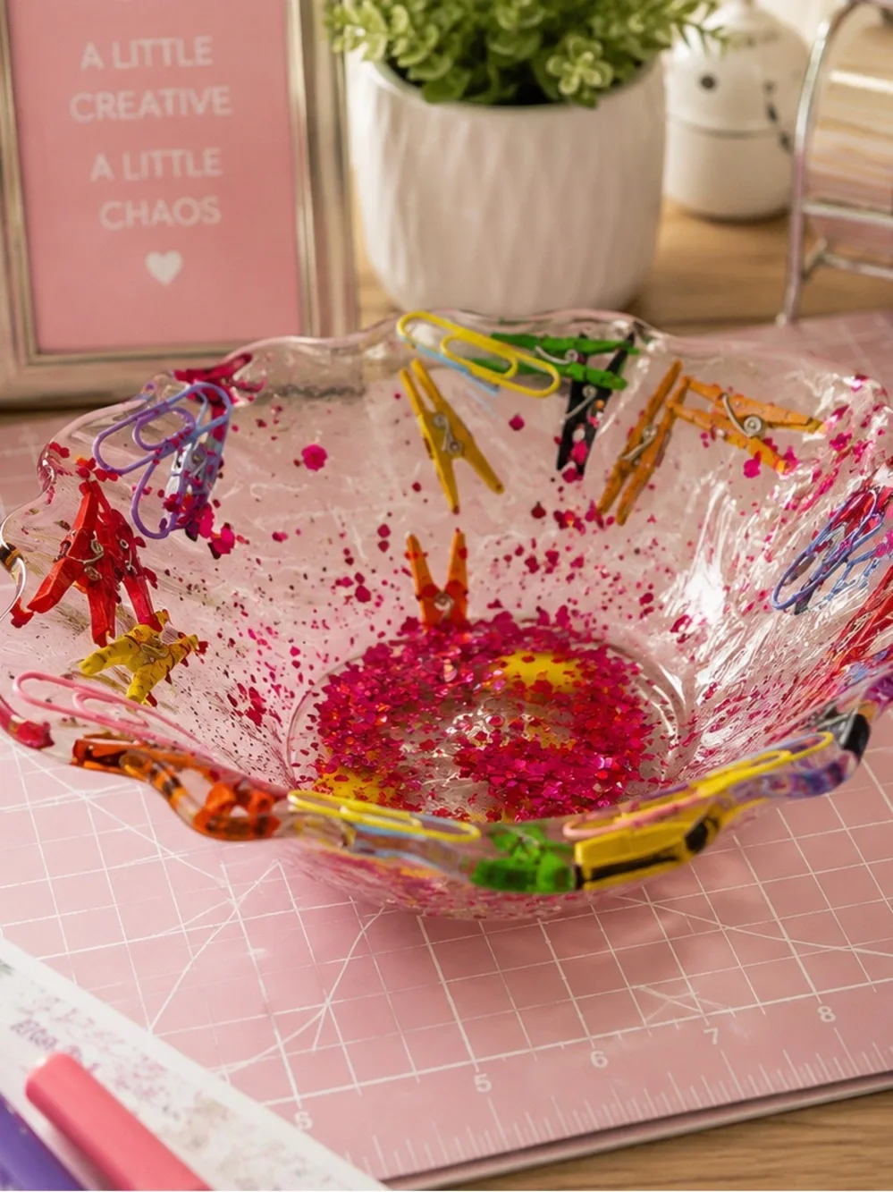 Clear Resin Decorative Bowl with Pink Confetti and Multicolor Accents